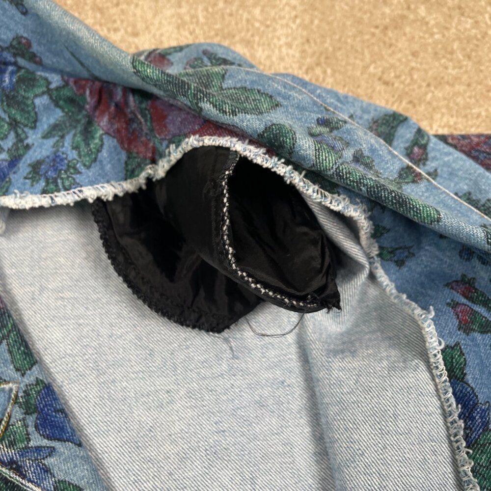 JOUJOU Blazer Womens S Blue Denim Floral Vintage 80s Oversized Boxy Long Jacket - Picture 12 of 13